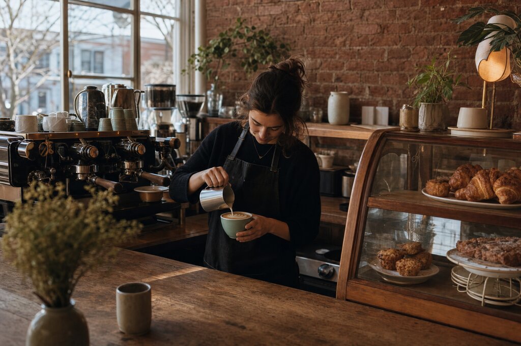 Cozy artisan coffee shop interior in Larchmont