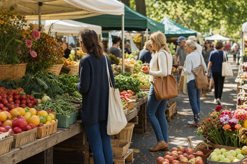 Outdoor farmers market with fresh produce and canvas tents