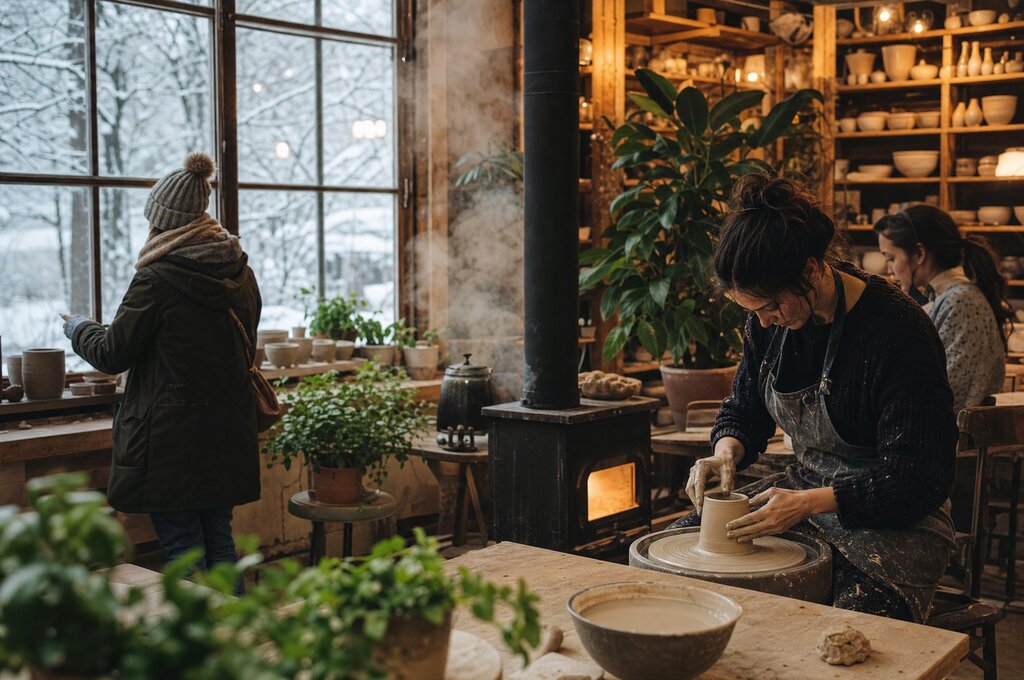 Cozy indoor pottery studio or greenhouse in winter