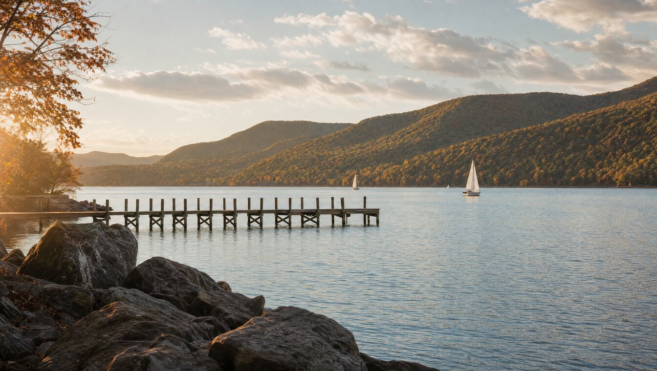 Hudson River waterfront in Westchester County at golden hour