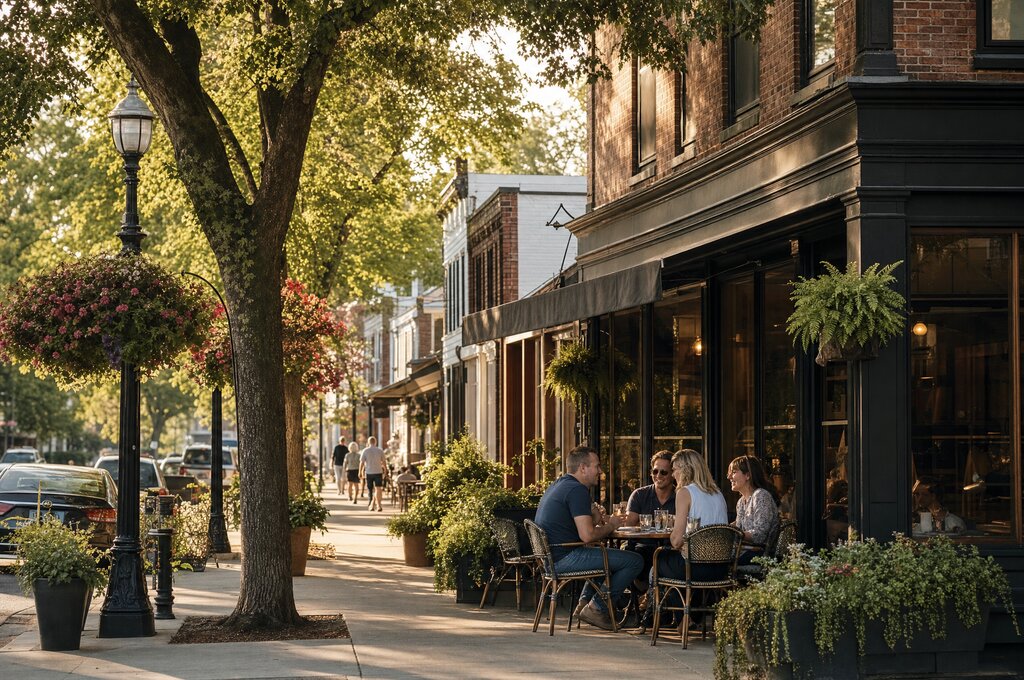 Charming Westchester village main street with brick storefronts